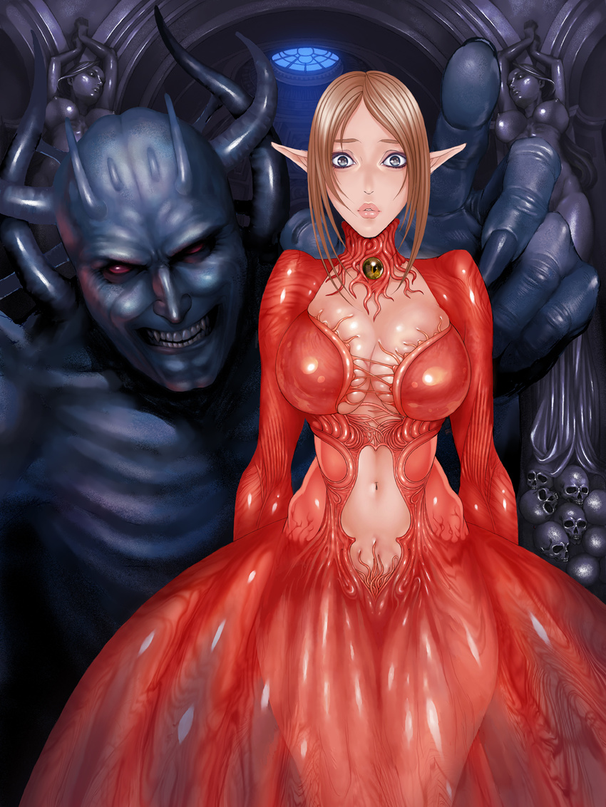 biosuit blue_eyes breasts brown_hair cleavage cleavage_cutout clenched_teeth cutout detached_collar dress elf female gradient gradient_background highres imminent_rape large_breasts legs living_clothes long_hair long_sleeves looking_at_viewer monster navel pointy_ears ponytail red_dress red_eyes see-through shibata_kozue skull smile solo standing surprised teeth thighs