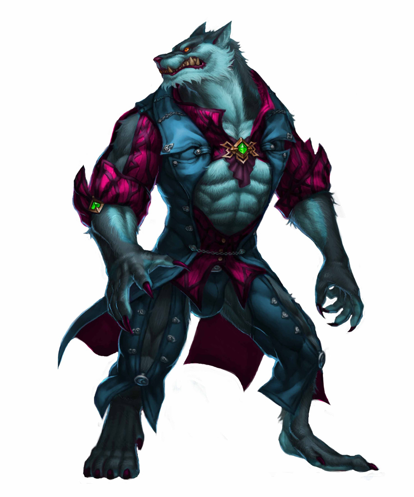 4_toes abs absurd_res angry anthro barefoot big_muscles blue_fur bulge canine claws clenched_teeth clothing costume digitigrade emerald fangs fur grey_fur hi_res jewels male mammal muscles orange_eyes pecs pink_claws pink_nose pose simple_background solo suit teeth toes toned unknown_artist were werewolf white_background