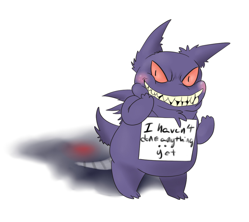 2014 ambiguous_gender anthro blush english_text fur gengar looking_at_viewer neon-psycho nintendo pointy_ears pok&eacute;mon pok&eacute;shaming purple_fur red_eyes shadow simple_background slit_pupils smile solo teeth text video_games white_background