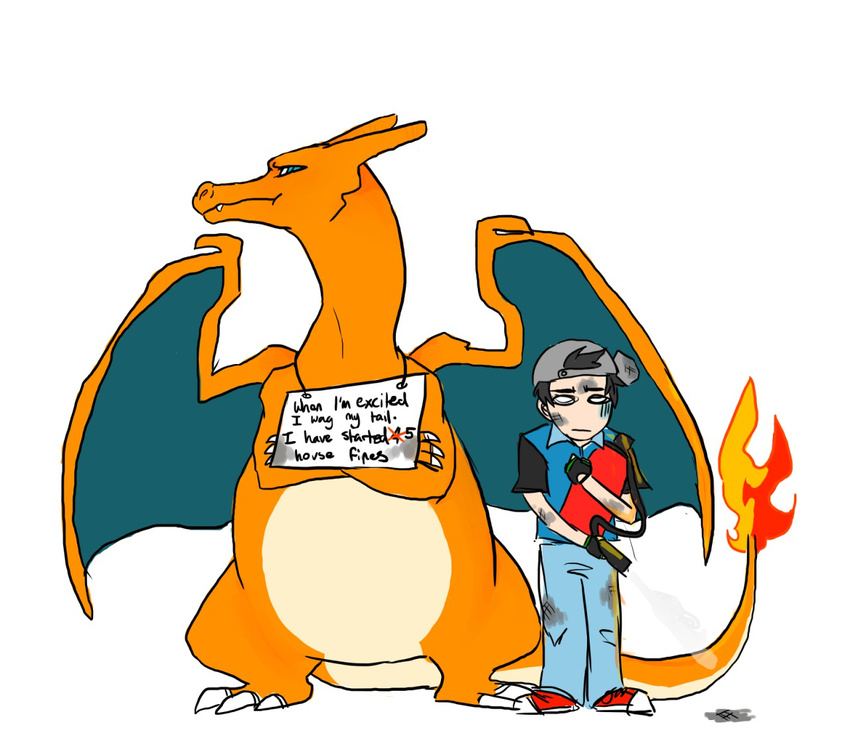 2014 ambiguous_gender black_hair charizard claws clothed clothing crossed_arms duo english_text fire fire_extinguisher gloves hair hat horn human humor male mammal nintendo nude pok&eacute;mon pok&eacute;shaming simple_background strideer text toe_claws video_games white_background white_eyes wings