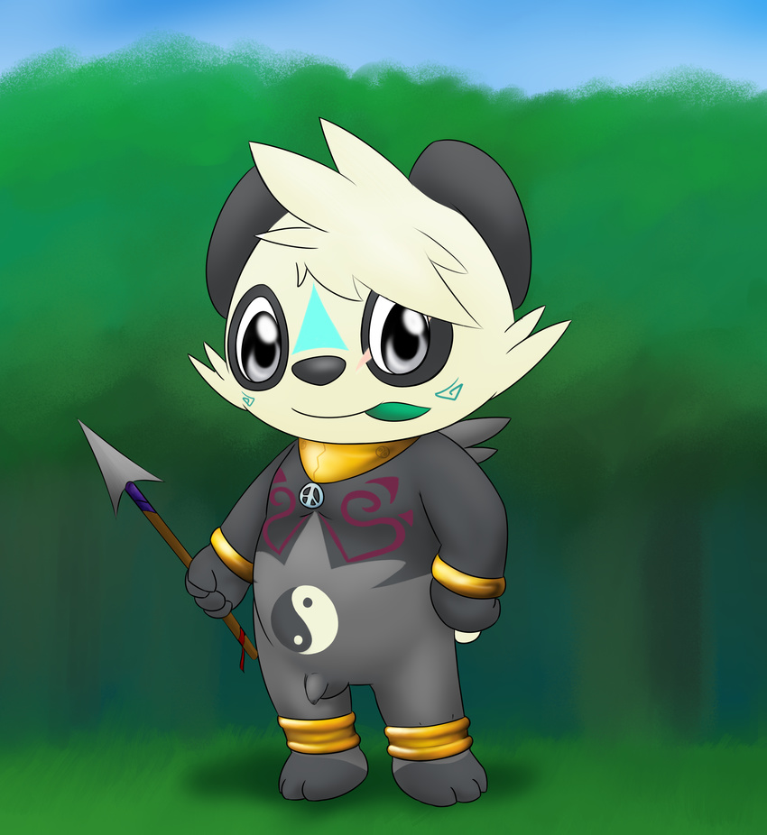 bear chad_the_pancham charmandrigo chubby cute male mammal melee_weapon nintendo pancham panda penis pok&eacute;mon polearm spear tribal video_games weapon