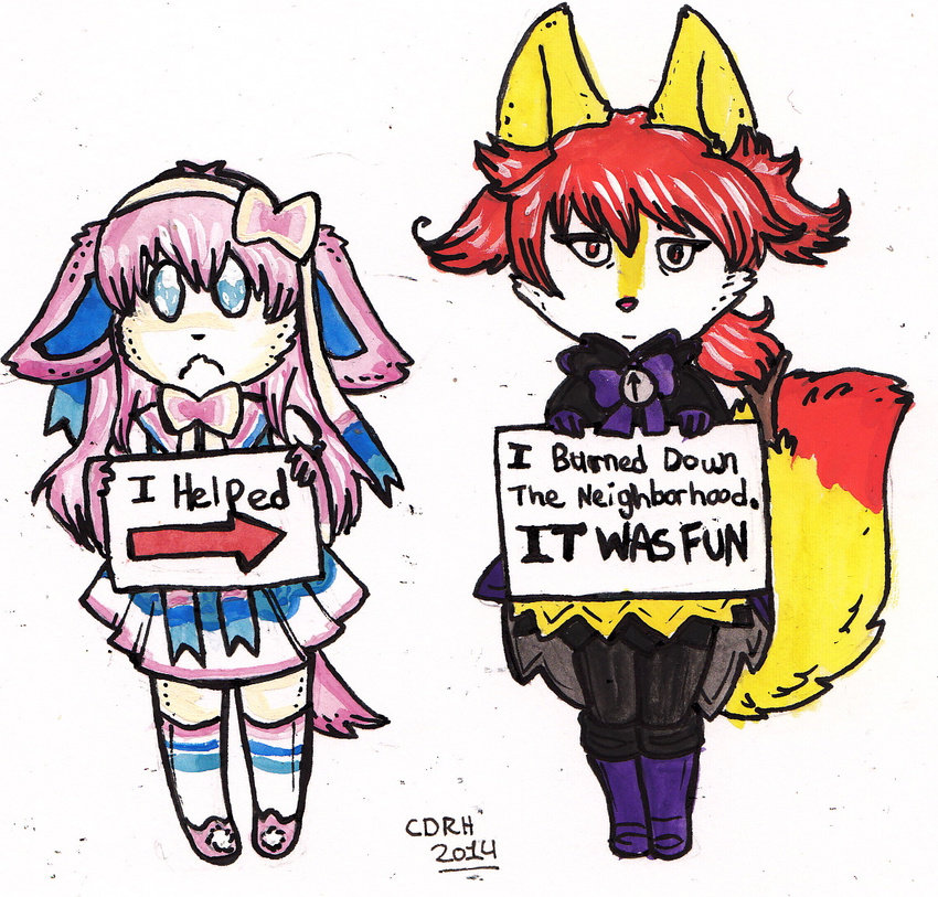 2014 anthro arrow bell blue_hair boots braixen clothed clothing duo eeveelution english_text female footwear fur hair half-closed_eyes looking_at_viewer makeshiftstory nintendo pink_hair pok&eacute;mon pok&eacute;morph pok&eacute;shaming red_fur red_hair ribbons stick sylveon text video_games white_fur yellow_fur