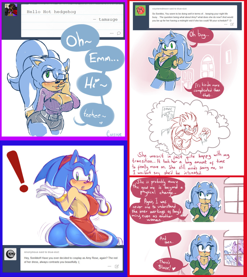 2015 amy_rose anthro big_breasts blaze_the_cat breasts butt cat cleavage clothed clothing crossgender cuisine dialogue dildo english_text feline female hedgehog mammal sex_toy sonic_(series) text