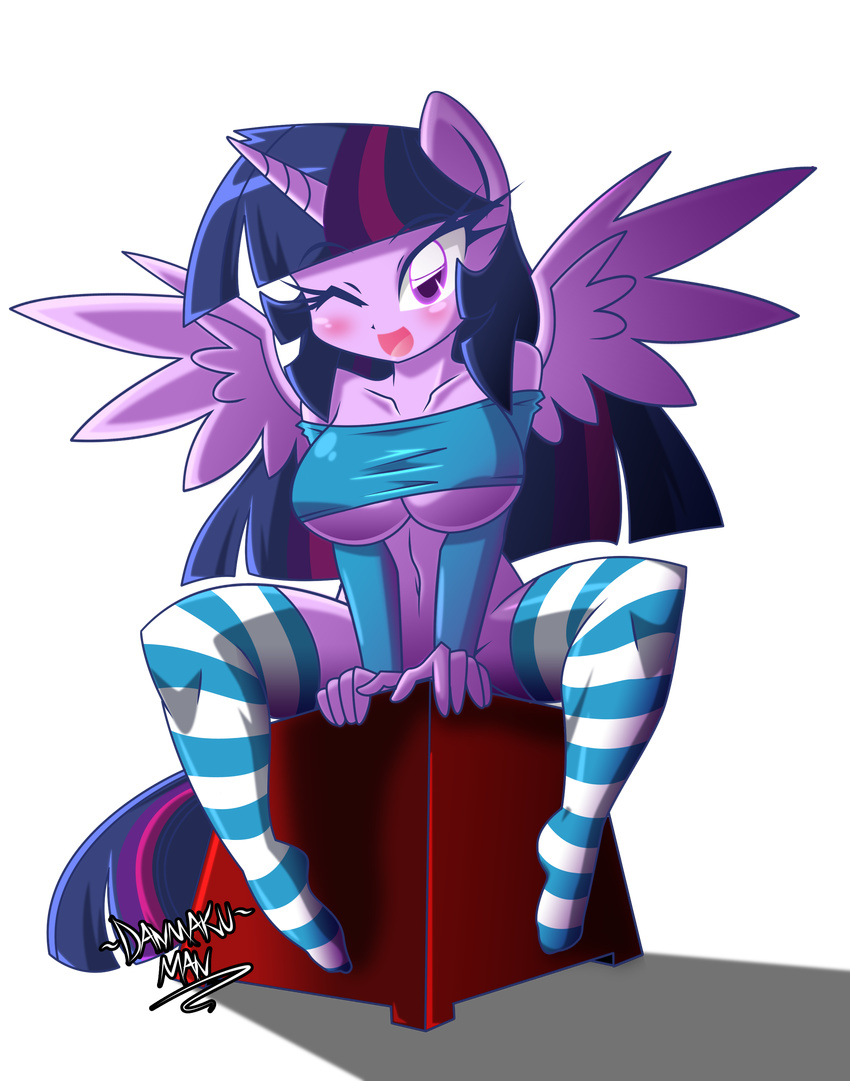 2015 anthro anthrofied bottomless breasts cleavage clothed clothing danmakuman elbow_gloves equine female friendship_is_magic gloves hair half-dressed horn legwear looking_at_viewer mammal my_little_pony one_eye_closed pose purple_eyes purple_hair sitting socks solo twilight_sparkle_(mlp) under_boob winged_unicorn wings wink