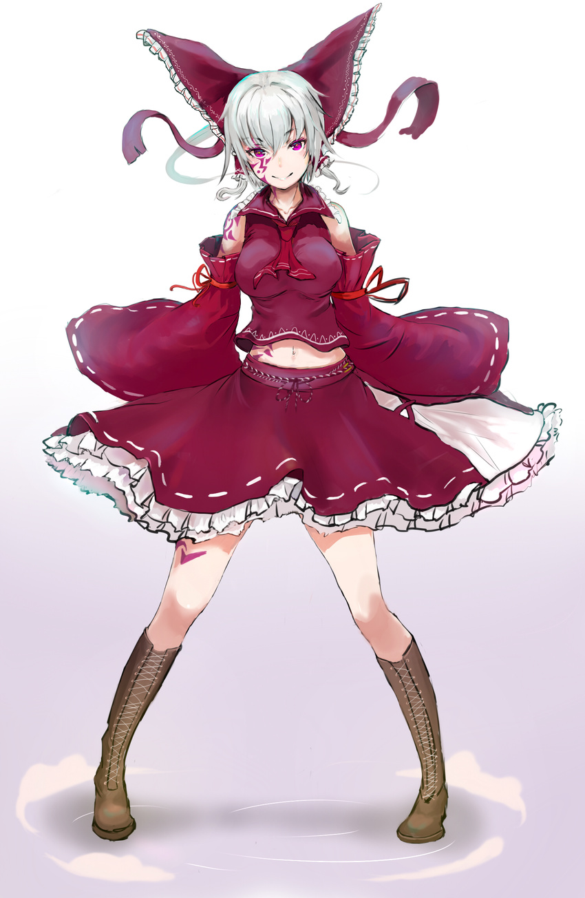 boots breasts brown_footwear cross-laced_footwear detached_sleeves facial_tattoo full_body hair_ribbon highres knee_boots lace-up_boots large_breasts looking_at_viewer m.u.g.e.n maga-reimu navel purple_eyes recolor ribbon skirt smile solo tattoo touhou white_hair xue_feng