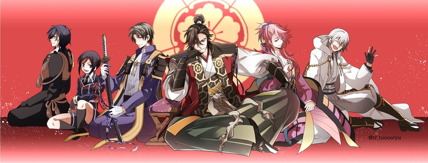 black_hair brown_hair gradient gradient_background heshikiri_hasebe japanese_clothes katana military_uniform multiple_boys oda_nobunaga pink_hair shokudaikiri_mitsutada sitting sode souza_samonji sword touken_ranbu tsurumaru_kuninaga white_hair yagen_toushirou