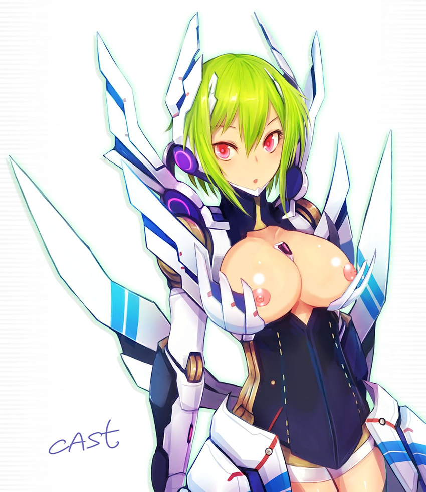 1girl breasts cleavage edit eternal_form female green_hair kara_(color) large_breasts nipples phantasy_star phantasy_star_portable_2 phantasy_star_portable_2_infinity photoshop red_eyes short_hair simple_background solo white_background