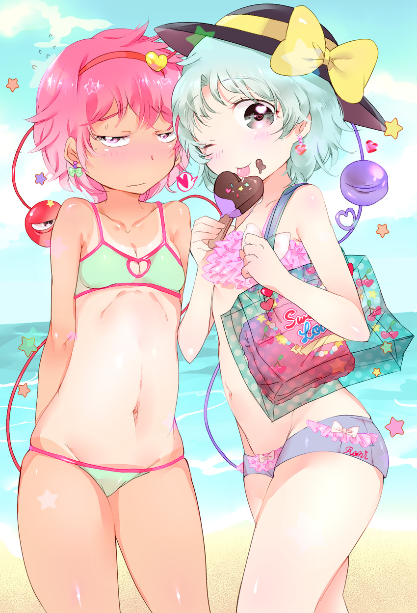 arm_behind_back bag beach bikini blush dark_skin day earrings eyeball flying_sweatdrops food food_on_face green_hair hairband handbag hat hat_ribbon heart heart-shaped_pupils heart_of_string highres ice_cream jewelry komeiji_koishi komeiji_satori looking_at_viewer midriff multiple_girls navel ocean one-piece_tan one_eye_closed panties pink_eyes pink_hair ribbon short_hair siblings sisters star string sweat swimsuit symbol-shaped_pupils tan tanline tannkobuiwa third_eye tongue tongue_out touhou transparent underwear