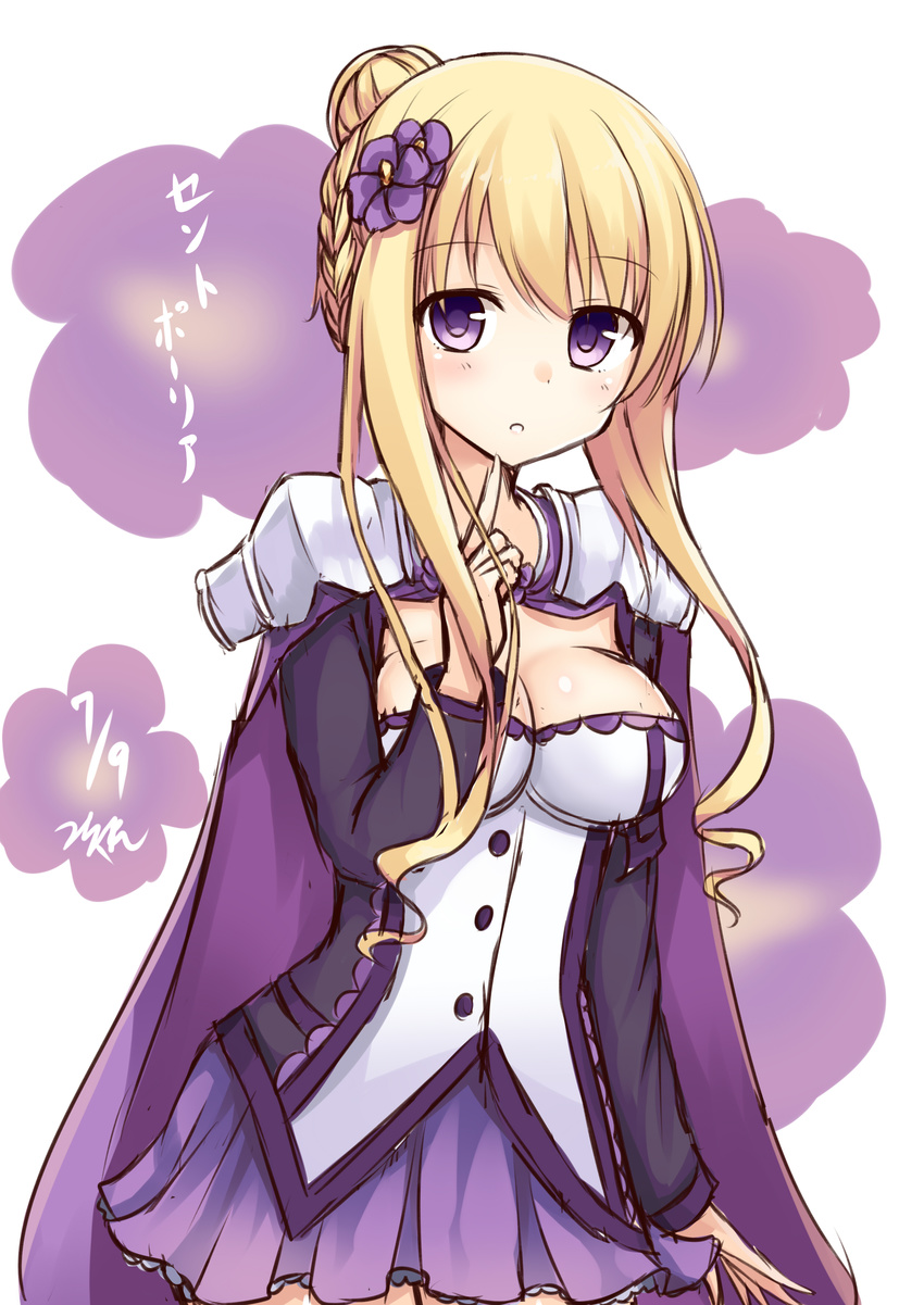 :o absurdres blonde_hair breasts cape cleavage cleavage_cutout dress finger_to_chin flower flower_knight_girl hair_bun hair_flower hair_ornament highres looking_at_viewer medium_breasts parted_lips purple saintpaulia_(flower_knight_girl) solo tsuchikure twitter_username