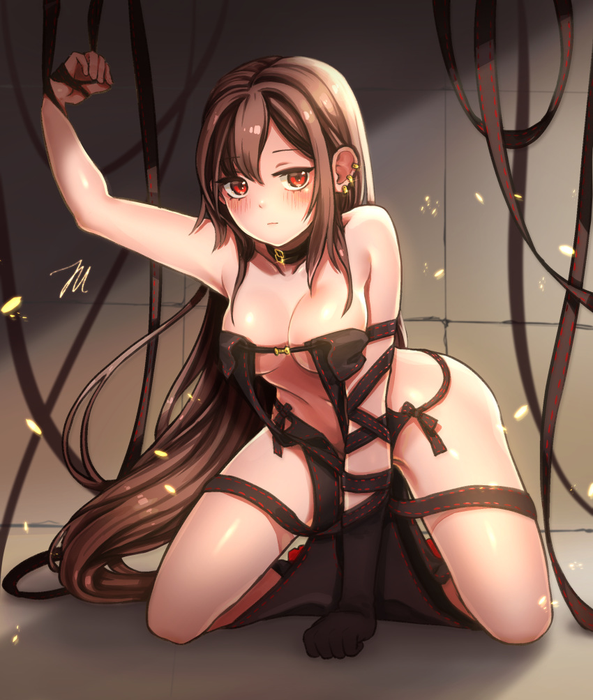 1girl absurdres bangs bare_shoulders black_dress black_gloves blush breasts brown_hair center_opening choker closed_mouth collarbone consort_yu_(fate) dress fate/grand_order fate_(series) gloves hair_between_eyes highres hips kneeling long_hair looking_at_viewer medium_breasts red_eyes solo strapless strapless_dress sun_miru thighs very_long_hair