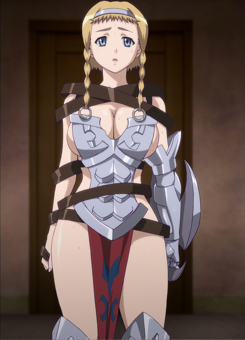 armor blonde_hair blue_eyes breasts cleavage female gradient gradient_background highres large_breasts leina queen's_blade queen's_blade solo standing stitched sweat