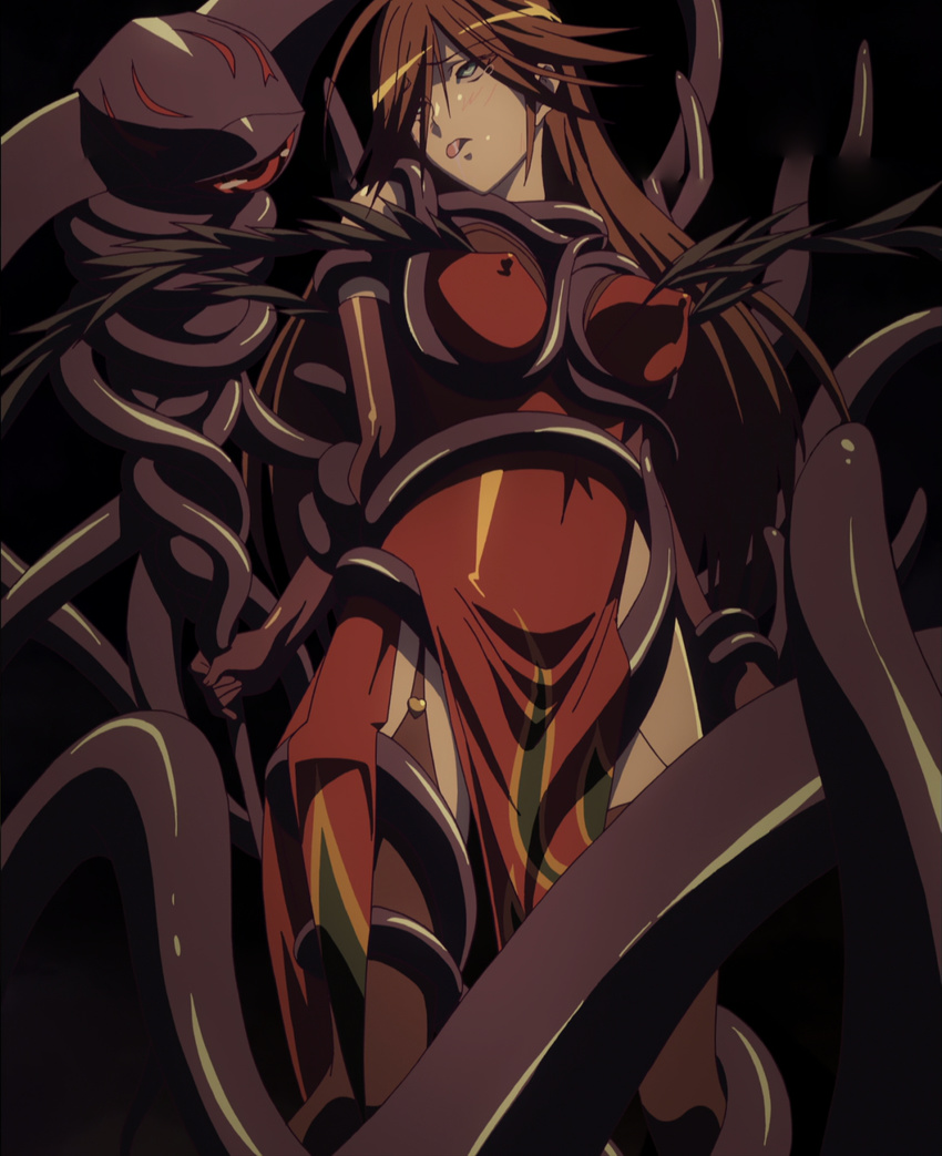 blush breasts brown_hair dress erect_nipples funikura gradient gradient_background green_eyes highres large_breasts long_hair nyx queen's_blade queen's_blade red_dress standing stitched tentacle thighhighs