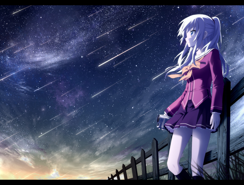 blue_eyes camcorder charlotte_(anime) falling_star fence haribote_(tarao) letterboxed long_hair looking_afar meteor_shower night night_sky school_uniform serafuku silver_hair sky solo star_(sky) starry_sky tomori_nao two_side_up wooden_fence