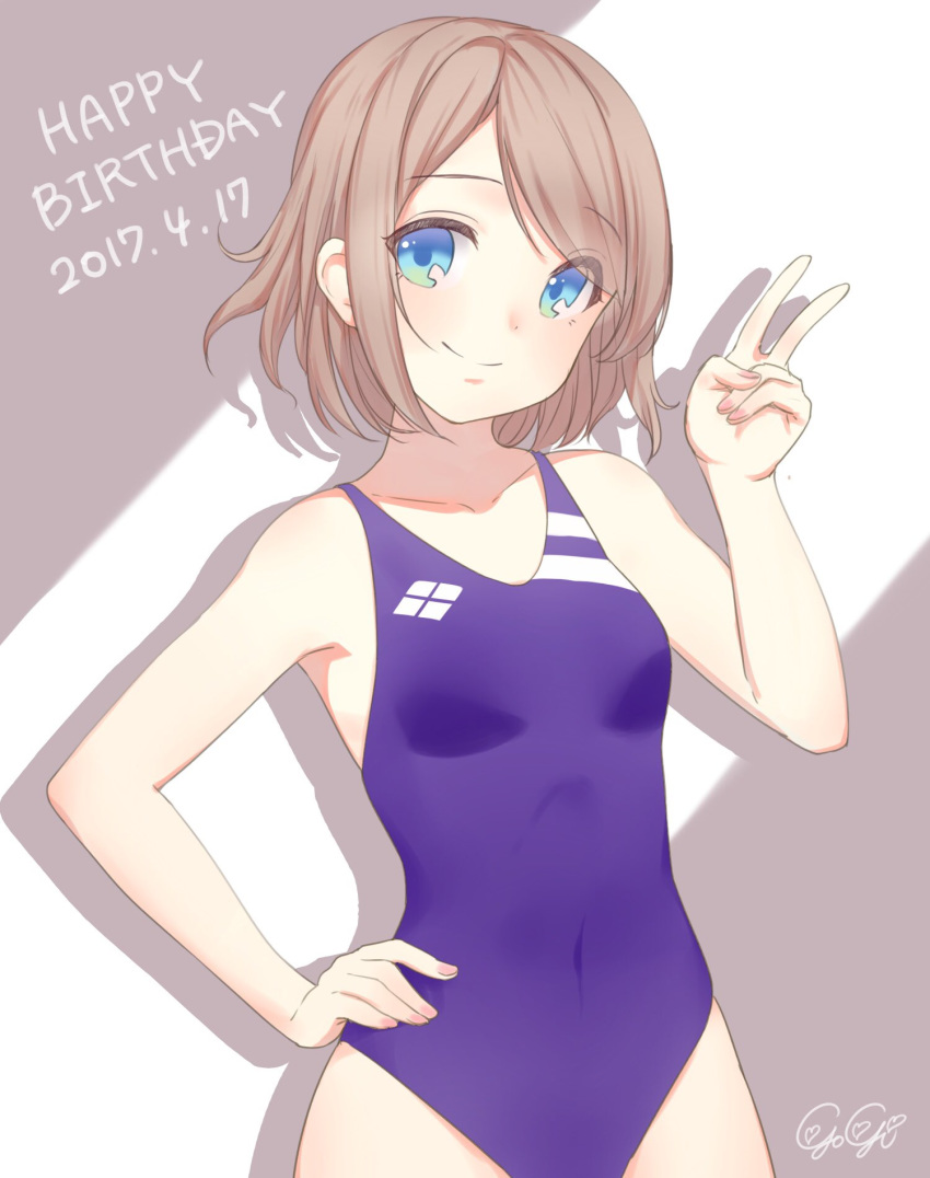 1girl alternate_breast_size blue_eyes breasts brown_hair collarbone commentary_request competition_swimsuit cowboy_shot dated gogi grey_background hand_on_hip happy_birthday highres looking_at_viewer love_live! love_live!_sunshine!! one-piece_swimsuit purple_swimsuit short_hair signature small_breasts smile solo swimsuit v watanabe_you