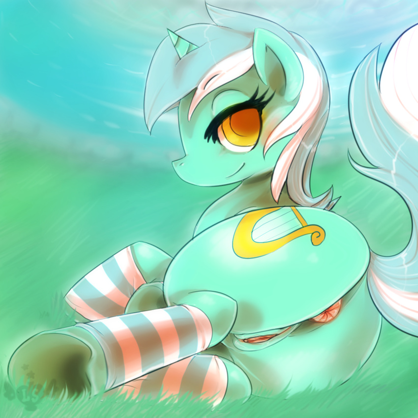 anus clothing cutie_mark equine female friendship_is_magic hair horn legwear looking_back lovespell lyra_heartstrings_(mlp) mammal multicolored_hair my_little_pony pussy raised_tail socks solo striped_legwear striped_socks stripes two_tone_hair unicorn yellow_eyes