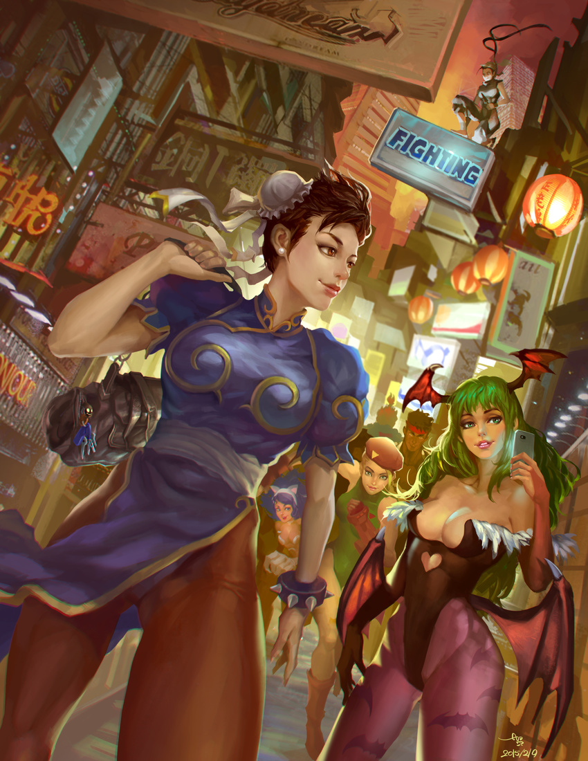 5girls absurdres animal_print bag bare_shoulders bat_print bat_wings black_hair blonde_hair blue_dress bracelet breasts bridal_gauntlets brown_legwear bun_cover cammy_white capcom cellphone china_dress chinese_clothes chromatic_aberration chun-li city cleavage crossover demon_girl double_bun dress duffel_bag felicia gouki green_hair hat he_xiao_heng head_wings highres hip_bones hip_vent hong_kong ibuki_(street_fighter) jewelry keychain lantern large_breasts leotard long_hair morrigan_aensland multiple_boys multiple_girls ninja over_shoulder pantyhose paper_lantern pelvic_curtain phone ponytail print_legwear puffy_short_sleeves puffy_sleeves running ryuu_(street_fighter) sash short_sleeves side_slit smartphone smile spiked_bracelet spikes street_fighter street_fighter_iii_(series) vampire_(game) wings