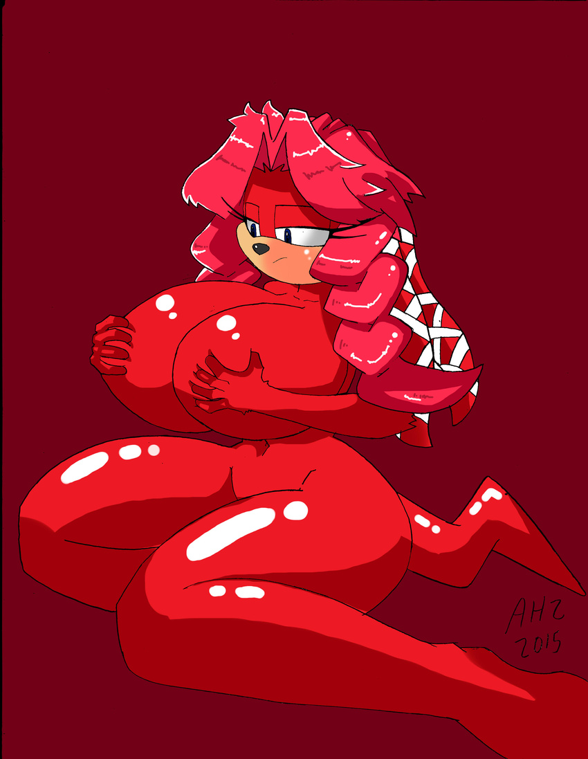 2015 anthro big_breasts breasts cleavage clothed clothing covering covering_breasts covering_self dreamcastzx echidna female huge_breasts lien-da mammal monotreme nude solo sonic_(series)