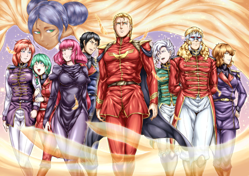 6+girls angelo_sauper blush bodysuit bow braid breasts char's_counterattack char_aznable commentary_request feathers full_frontal gundam gundam_unicorn gyunei_guss hair_bow haman_karn highres lalah_sune marida_cruz mask medium_breasts military military_uniform multiple_boys multiple_girls quess_paraya rezin_schnyder sagattoru short_hair single_braid skin_tight smile uniform zeon zeta_gundam