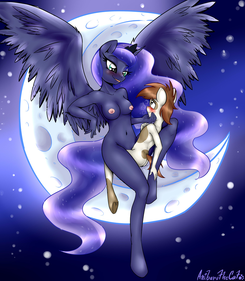 2015 absurd_res age_difference anibaruthecat anthro anthrofied blue_hair blush brown_hair crescent_moon cutie_mark duo earth_pony equine eye_contact feathered_wings feathers female friendship_is_magic hair hi_res hooves horn horse long_hair male male/female mammal moon my_little_pony navel nude outside pipsqueak_(mlp) pony princess_luna_(mlp) sex sitting smile winged_unicorn wings