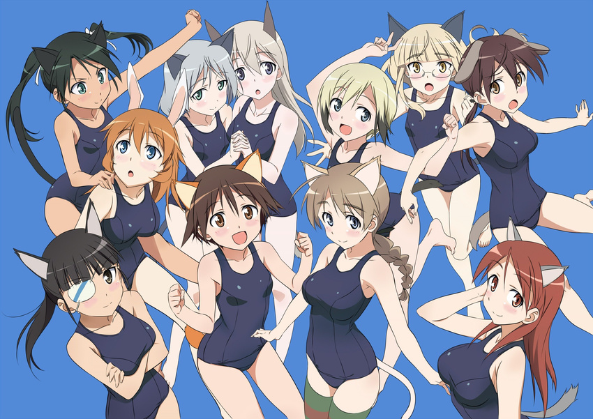 6+girls :d :o alternate_costume animal_ears bare_shoulders black_hair blonde_hair blue_background blue_eyes blush braid breasts brown_eyes brown_hair bunny_ears cat_ears cat_tail charlotte_e_yeager collarbone crossed_arms dog_ears dog_tail eila_ilmatar_juutilainen erica_hartmann everyone eyepatch francesca_lucchini gertrud_barkhorn glasses green_eyes green_hair highres large_breasts long_hair looking_at_viewer lynette_bishop magu_(syu_uhei) matching_outfit minna-dietlinde_wilcke miyafuji_yoshika multicolored_hair multiple_girls old_school_swimsuit one-piece_swimsuit open_mouth orange_eyes orange_hair perrine_h_clostermann ponytail red_hair sakamoto_mio sanya_v_litvyak school_swimsuit shiny shiny_clothes shiny_hair short_hair silver_hair simple_background single_braid smile strike_witches striped striped_legwear swimsuit tail thighhighs twintails two-tone_hair world_witches_series yellow_eyes