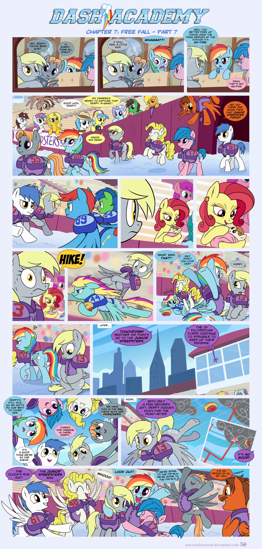 2015 armor camera comic derp_eyes derpy_hooves_(mlp) dialogue english_tet equine female firefly_(mlp) football friendship_is_magic male mammal my_little_pony pegasus rainbow_dash_(mlp) sorcerushorserus stadium surprise_(mlp) sweat wings yellow_eyes