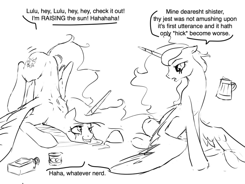 2015 alcohol beverage dialogue drunk duo english_text equine female feral food friendship_is_magic horn mammal my_little_pony princess_celestia_(mlp) princess_luna_(mlp) silfoe text winged_unicorn wings