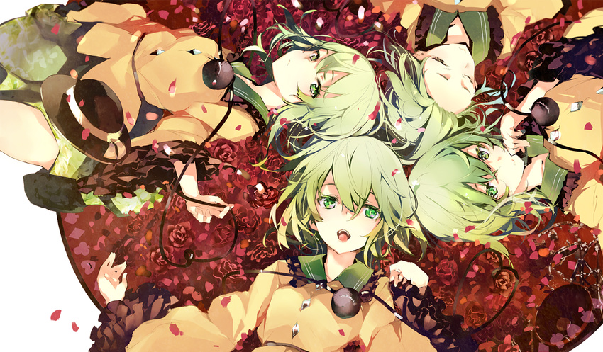 closed_eyes eyeball flower frills green_eyes green_hair hat hat_removed hat_ribbon headwear_removed heart heart_of_string komeiji_koishi long_sleeves looking_at_viewer lying multiple_girls multiple_persona on_back open_mouth petals red_flower red_rose ribbon rose shirt short_hair shunsei_(muratou) skirt smile string third_eye touhou wide_sleeves