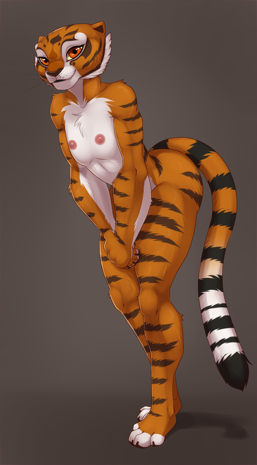 anthro character_from_animated_feature_film clothed clothing dreamworks embarrassed feline female flat_chested fur gorsh_dolderan kung_fu_panda looking_at_viewer mammal master_tigress orange_eyes orange_fur simple_background solo standing tiger