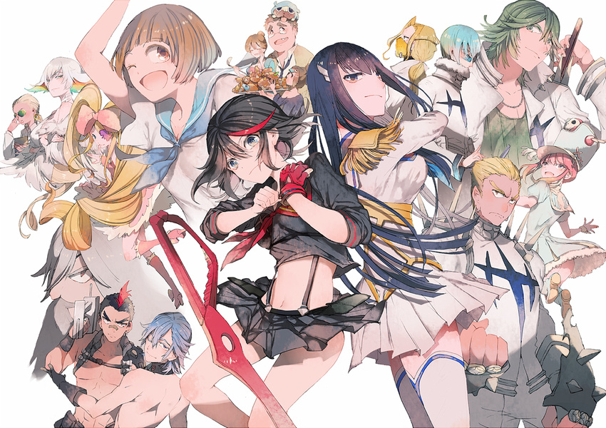 6+girls bow dress epaulettes everyone gamagoori_ira guts_(kill_la_kill) harime_nui hatutaro highres hououmaru_rei inumuta_houka iori_shirou jakuzure_nonon junketsu kill_la_kill kinagase_tsumugu kiryuuin_ragyou kiryuuin_satsuki mankanshoku_barazou mankanshoku_mako mankanshoku_matarou mankanshoku_sukuyo matoi_isshin matoi_ryuuko midriff mikisugi_aikurou multiple_boys multiple_girls nudist_beach_uniform pink_bow sanageyama_uzu school_uniform scissor_blade senketsu serafuku skirt uniform