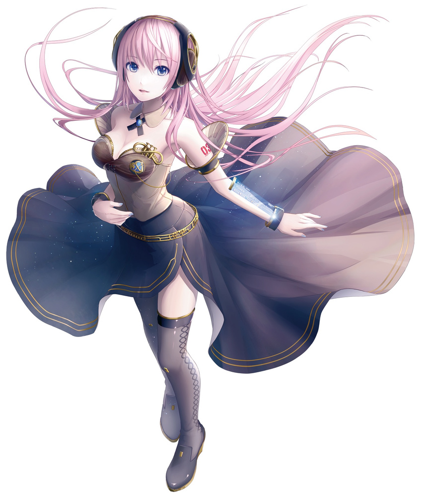 1girl aqua_eyes artist_name belt boots bracelet copyright detached_sleeves dress eyes_open full_body hd headphones ixima jewelry long_hair long_skirt looking_at_viewer luka_megurine megurine_luka megurine_luka_(vocaloid4) official_art pink_hair simple_background skirt solo thighhighs tie v4x vocaloid white_background