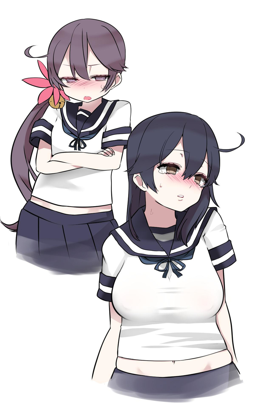 akebono_(kantai_collection) bad_id bad_twitter_id bell blush crossed_arms flower hair_bell hair_flower hair_ornament highres inactive_account jingle_bell kantai_collection long_hair mitsudoue multiple_girls plump purple_hair school_uniform serafuku side_ponytail ushio_(kantai_collection)