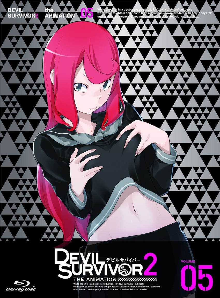 ban_airi breasts devil_survivor_2 geometric_pattern gradient gradient_background grey_eyes hands_on_breasts holding_breasts long_hair looking_at_viewer megami_ibunroku_devil_survivor navel official_art pink_hair school_uniform skirt solo sweatdrop unzipped yasuda_suzuhito