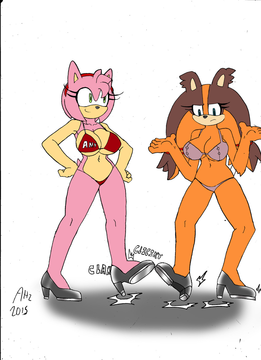 2015 amy_rose anthro badger big_breasts bikini breasts cleavage clothed clothing dancing dreamcastzx duo female hedgehog mammal mustelid skimpy sonic_(series) sticks_the_jungle_badger swimsuit
