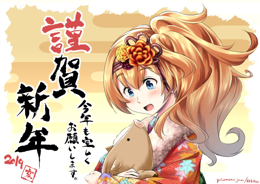 1girl alternate_costume alternate_hairstyle animal blonde_hair blue_eyes commentary_request eyebrows_visible_through_hair gambier_bay_(kantai_collection) hair_between_eyes hairband hug japanese_clothes kantai_collection kimono new_year open_mouth pig red_kimono side_ponytail signature upper_body yuzu_momo