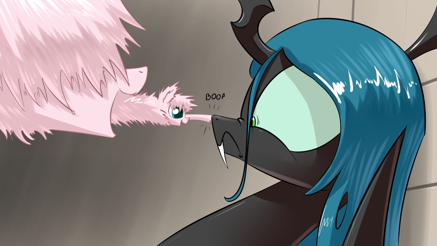 2015 blue_eyes boop changeling duo equine fan_character fangs female fluffle_puff friendship_is_magic green_eyes green_hair hair holes horn horse long_hair mammal my_little_pony parody poking pony queen_chrysalis_(mlp) underpable
