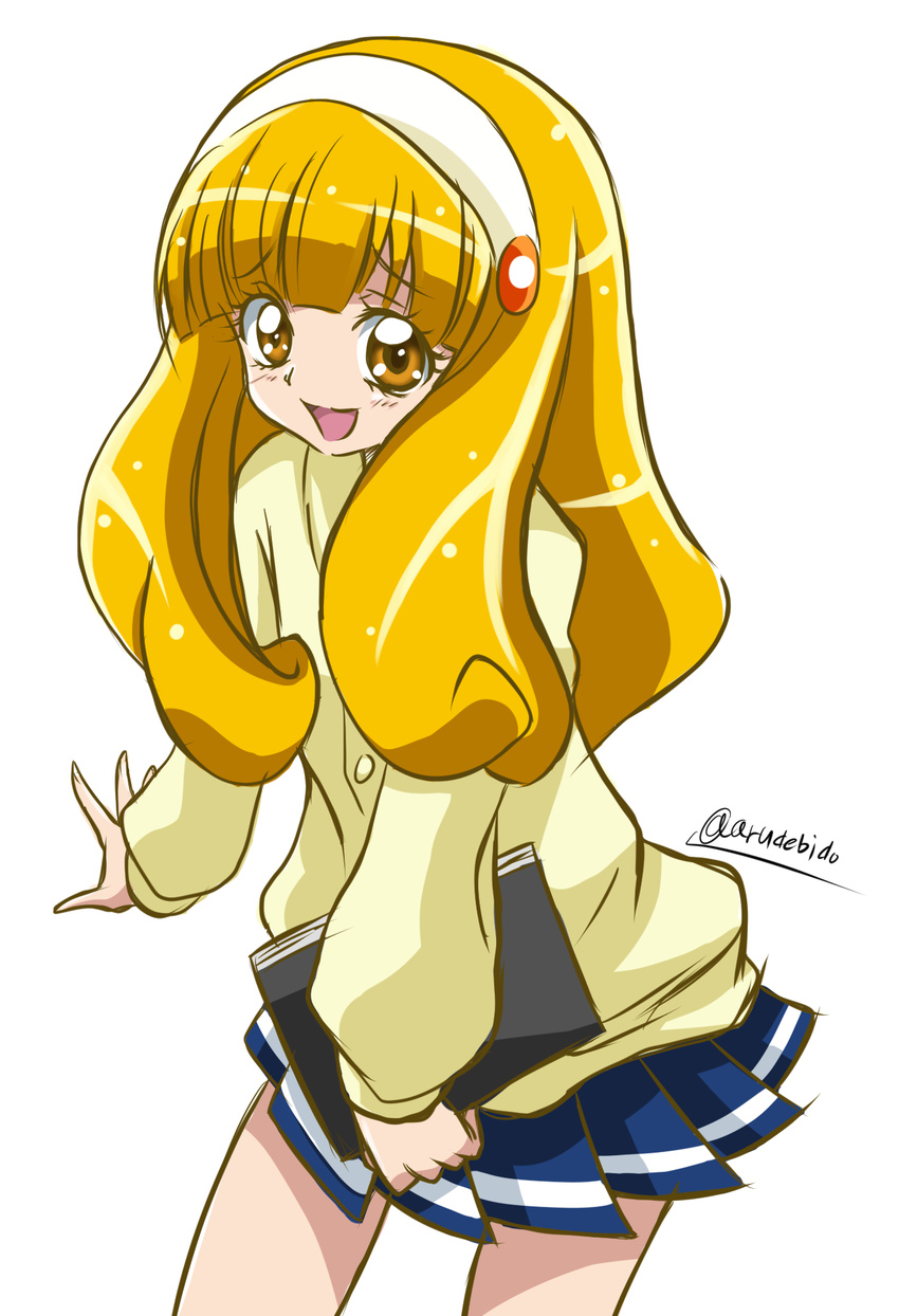 alternate_hair_length alternate_hairstyle arudebido blonde_hair blue_skirt book brown_eyes cardigan hairband highres kise_yayoi long_hair nanairogaoka_middle_school_uniform precure skirt smile smile_precure! solo twitter_username white_background white_hairband