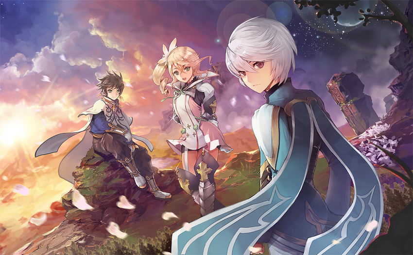 2boys alisha_diphda armor armored_boots black_pants blue_hair boots brown_hair cape commentary earrings feather_earrings flower gloves green_eyes hair_flower hair_ornament jewelry knee_boots metal_boots mikleo_(tales) multiple_boys pants purple_eyes side_ponytail smile sorey_(tales) tales_of_(series) tales_of_zestiria teddy_(khanshin) thigh_strap