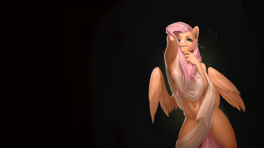 2015 absurd_res anthro anthrofied biting_lip clothe eosphorite equine feathered_wings feathers female fluttershy_(mlp) friendship_is_magic hair hand_behind_head hi_res long_hair looking_at_viewer mammal my_little_pony navel pegasus pink_hair solo wings