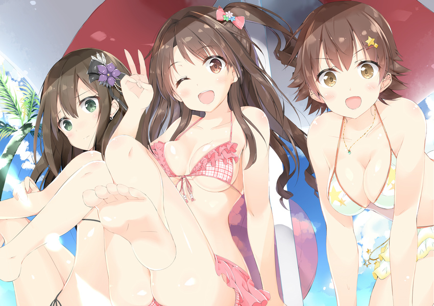 :d ;d absurdres adapted_costume barefoot beach_umbrella bikini black_gothic_dress_(idolmaster) blue_gk breasts brown_eyes brown_hair cleavage earrings feathers feet flower frilled_bikini frills front-tie_top green_eyes hair_feathers hair_flower hair_ornament hair_ribbon hand_gesture highres honda_mio idolmaster idolmaster_cinderella_girls jewelry medium_breasts multiple_girls one_eye_closed one_side_up open_mouth pink_check_school plaid plaid_bikini print_bikini ribbon shibuya_rin shimamura_uzuki short_hair side-tie_bikini smile soles star star_print sunlight sunset_nostalgie swimsuit toes transparent umbrella underboob v