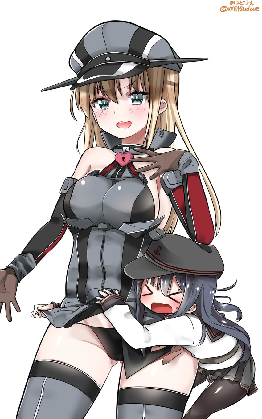 &gt;_&lt; &gt;o&lt; :d akatsuki_(kantai_collection) assisted_exposure bad_id bad_twitter_id bismarck_(kantai_collection) black_panties blonde_hair breasts closed_eyes d: detached_sleeves dx gloves hat heart_lock_(kantai_collection) highres inactive_account kantai_collection large_breasts long_hair military military_uniform mitsudoue multiple_girls open_mouth panties peaked_cap remodel_(kantai_collection) skirt skirt_lift smile thighhighs underwear uniform v-shaped_eyebrows