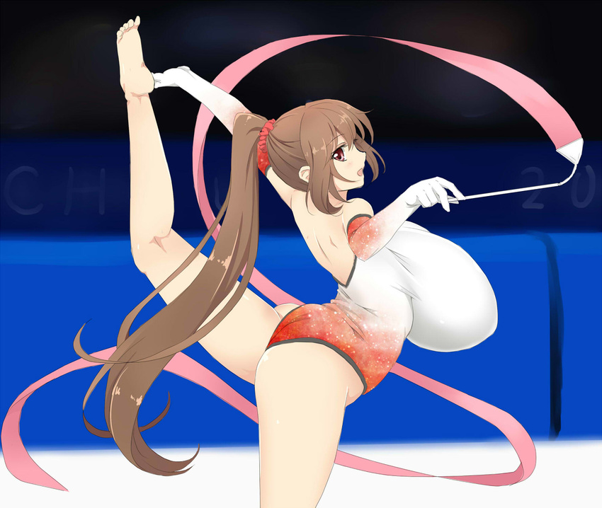 ass bare_shoulders breasts brown_hair gigantic_breasts gradient gradient_background gymnast leotard long_hair looking_at_viewer open_mouth purple_eyes ribbon simple_background smile solo twintails tworship