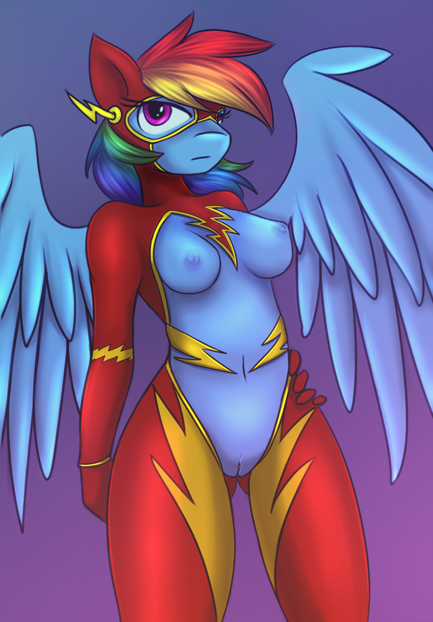 anthro breasts clothed clothing equine female friendship_is_magic hair hand_on_hip ineffective_clothing kairaanix looking_at_viewer mammal multicolored_hair my_little_pony navel nipples pegasus purple_eyes pussy rainbow_dash_(mlp) rainbow_hair solo wings