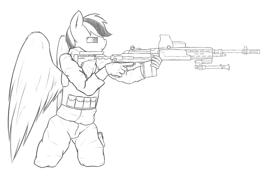 2014 ambiguous_gender anthro anthrofied clothing equine fan_character feathers gun hair half-closed_eyes m14 mammal monochrome my_little_pony pants pegasus ranged_weapon rifle side_view simple_background soldier solo thermalcake vest weapon white_background wings