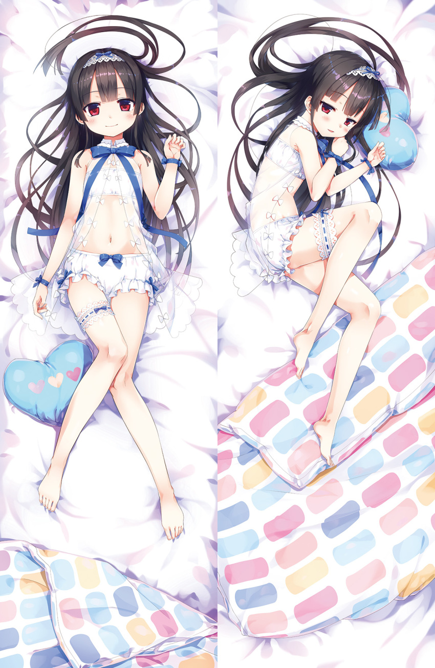 bangs bare_shoulders barefoot bed_sheet bloomers blue_bow blush bow bra brown_hair closed_mouth cura dakimakura eyebrows_visible_through_hair feet fingernails hachiroku_(maitetsu) hand_on_hip hands_up head_tilt heart heart_pillow highres leg_garter long_hair lying maitetsu multiple_views navel on_back on_side parted_lips pillow red_eyes see-through smile strapless strapless_bra toenails toes underwear very_long_hair white_bloomers white_bra