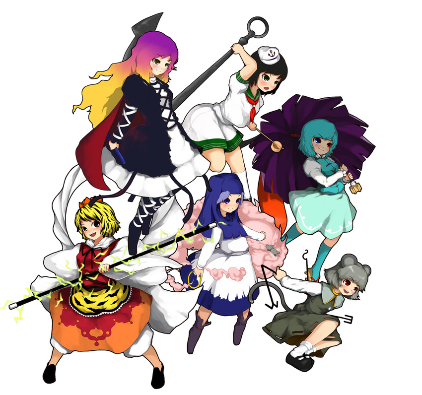 :d anchor_symbol animal_ears aqua_eyes aqua_hair arm_up black_footwear black_hair black_ribbon blonde_hair blue_hair blush dress electricity eyebrows_visible_through_hair gradient_hair grey_hair hat heterochromia hijiri_byakuren holding karakasa_obake kumoi_ichirin laboto long_sleeves multicolored_hair multiple_girls murasa_minamitsu nazrin neck_ribbon neckerchief open_mouth purple_eyes red_eyes red_neckwear ribbon school_uniform serafuku short_sleeves smile tatara_kogasa toramaru_shou touhou umbrella unzan white_legwear wide_sleeves yellow_eyes