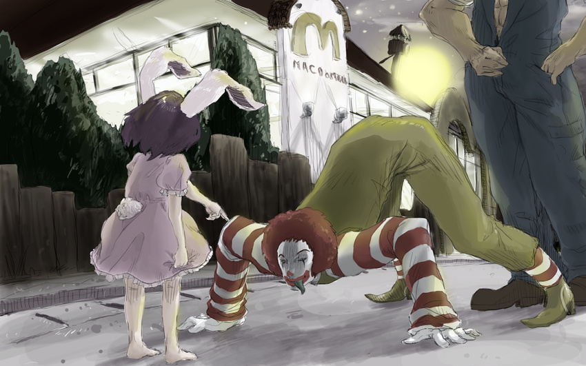 2boys abe_takakazu animal_ears barefoot bear_(qma) bunny_ears child crossover gloves highres horror_(theme) inaba_tewi kuso_miso_technique mcdonald's multiple_boys parody pointing red_hair ronald_mcdonald tongue top-down_bottom-up touhou unzipping wallpaper what you_gonna_get_raped