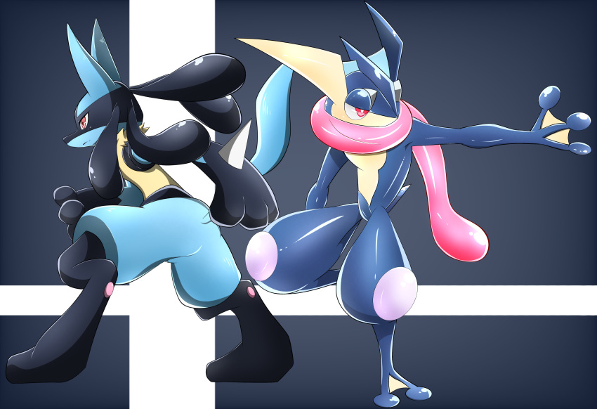 absurdres blue_fur canine creatures_(company) frog game_freak gen_4_pokemon gen_6_pokemon greninja highres long_tongue lucario nintendo pokemon red_eyes spikes super_smash_bros. tongue webbed_feet webbed_hands