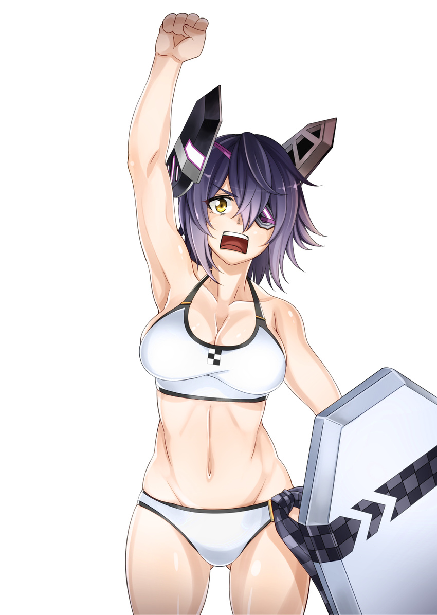 arm_up armpits bikini breasts cleavage eyepatch headgear highres kantai_collection kickboard large_breasts looking_at_viewer ohara_hiroki open_mouth purple_hair short_hair solo swimsuit tenryuu_(kantai_collection) yellow_eyes