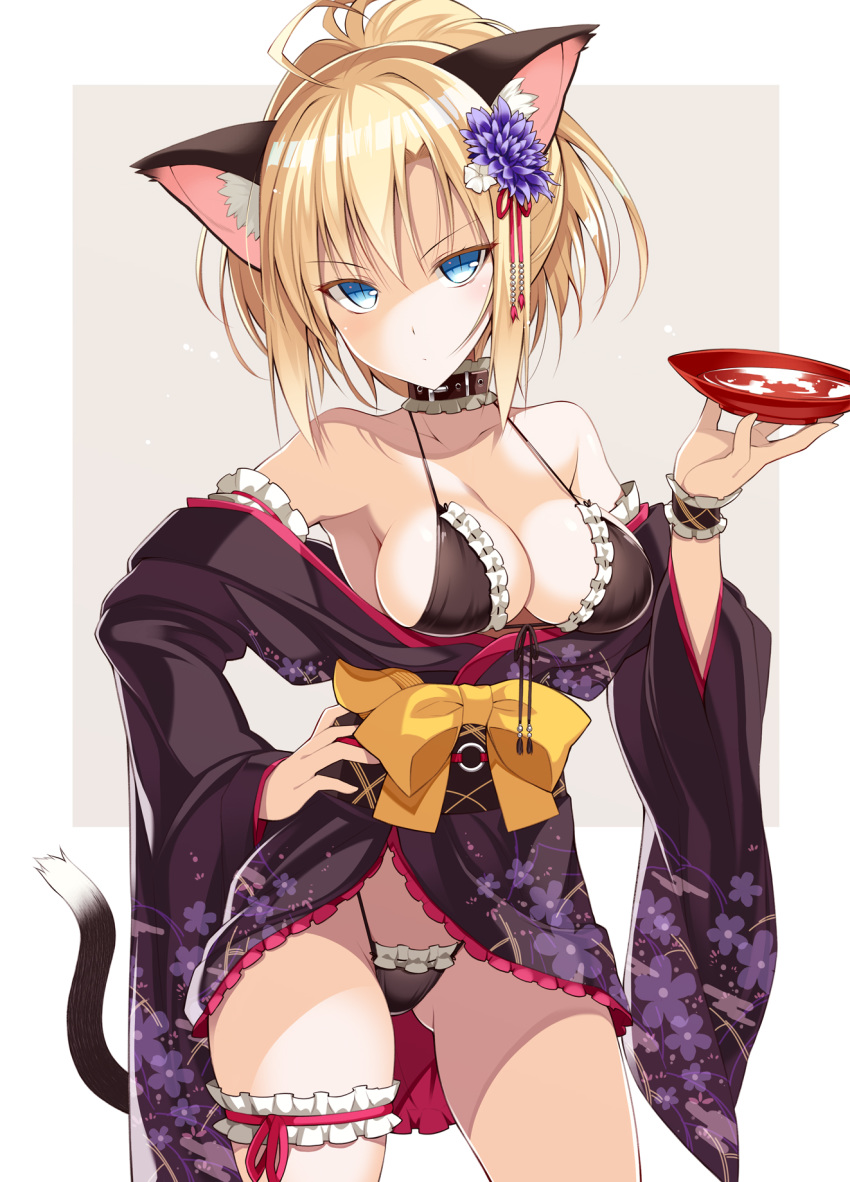 1girl alcohol animal_ears ass_visible_through_thighs bare_shoulders black_hair blonde_hair blue_eyes breasts cat_ears cat_tail cleavage collar collarbone cup hair_ornament hand_on_hip highres japanese_clothes kimono looking_at_viewer medium_breasts off_shoulder oota_yuuichi original ponytail sakazuki sake sash solo standing tail thigh_strap