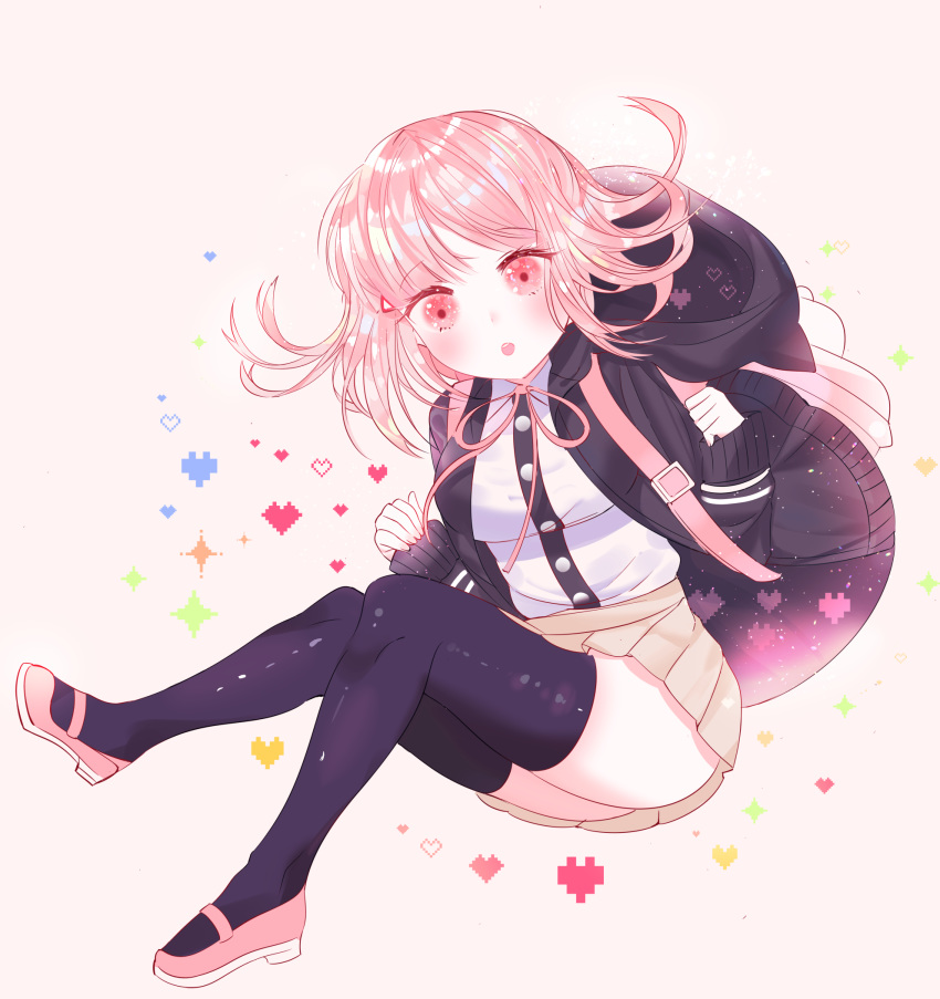 1girl ass backpack bag bangs beige_skirt black_jacket black_legwear blush breasts danganronpa eyebrows_visible_through_hair flipped_hair hair_lift heart highres hood hood_lift hoodie jacket large_breasts leggings looking_down medium_hair nanami_chiaki open_eyes open_mouth pink_footwear pink_hair pink_ribbon pixels pleated_skirt purple_eyes red_heart ribbon shirt simple_background skirt solo super_danganronpa_2 symbol teeth thighhighs user_cvyj8752 white_shirt